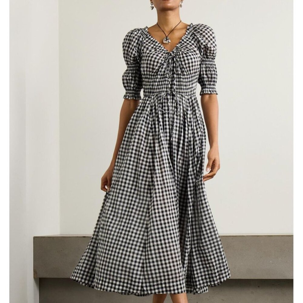 DÔEN Ischia shirred gingham cotton-voile midi dress